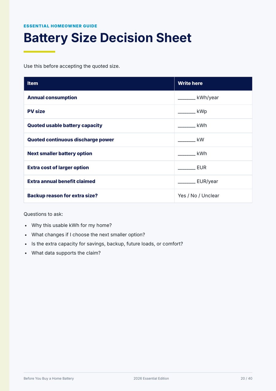Battery size decision worksheet page from the guide
